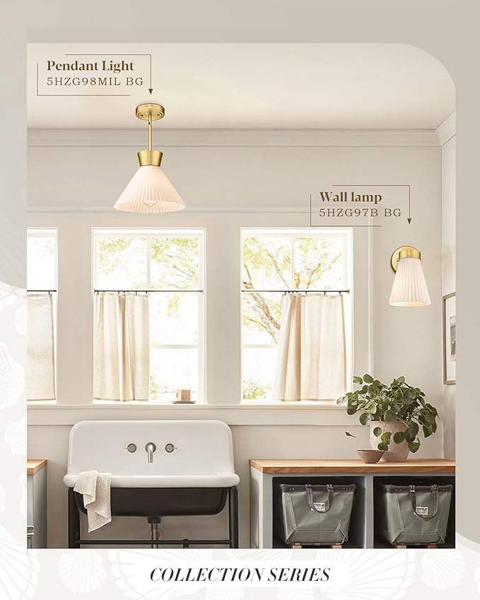 Gold Wall Sconce, HWH Single Wall Light Fixture Brushed Gold Wall Lamp with Frosted Milk White Striped Glass Shade, Modern Indoor Wall Sconce for Kitchen Bedroom Schoolhouse, 5HZG97B BG