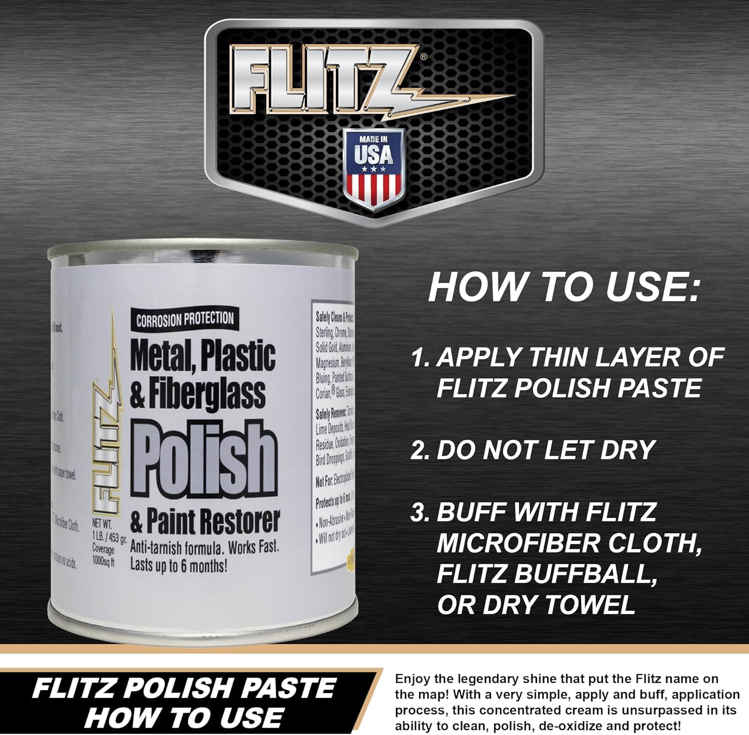 Flitz Multi-Purpose Metal Polish Paste - 1lb Can of USA-Made Chrome Polish - Works on Stainless Steel, Aluminum, Plastic, Jewelry and Cars - Non-Abrasive Cleaner & Rust Remover (1 Pack)