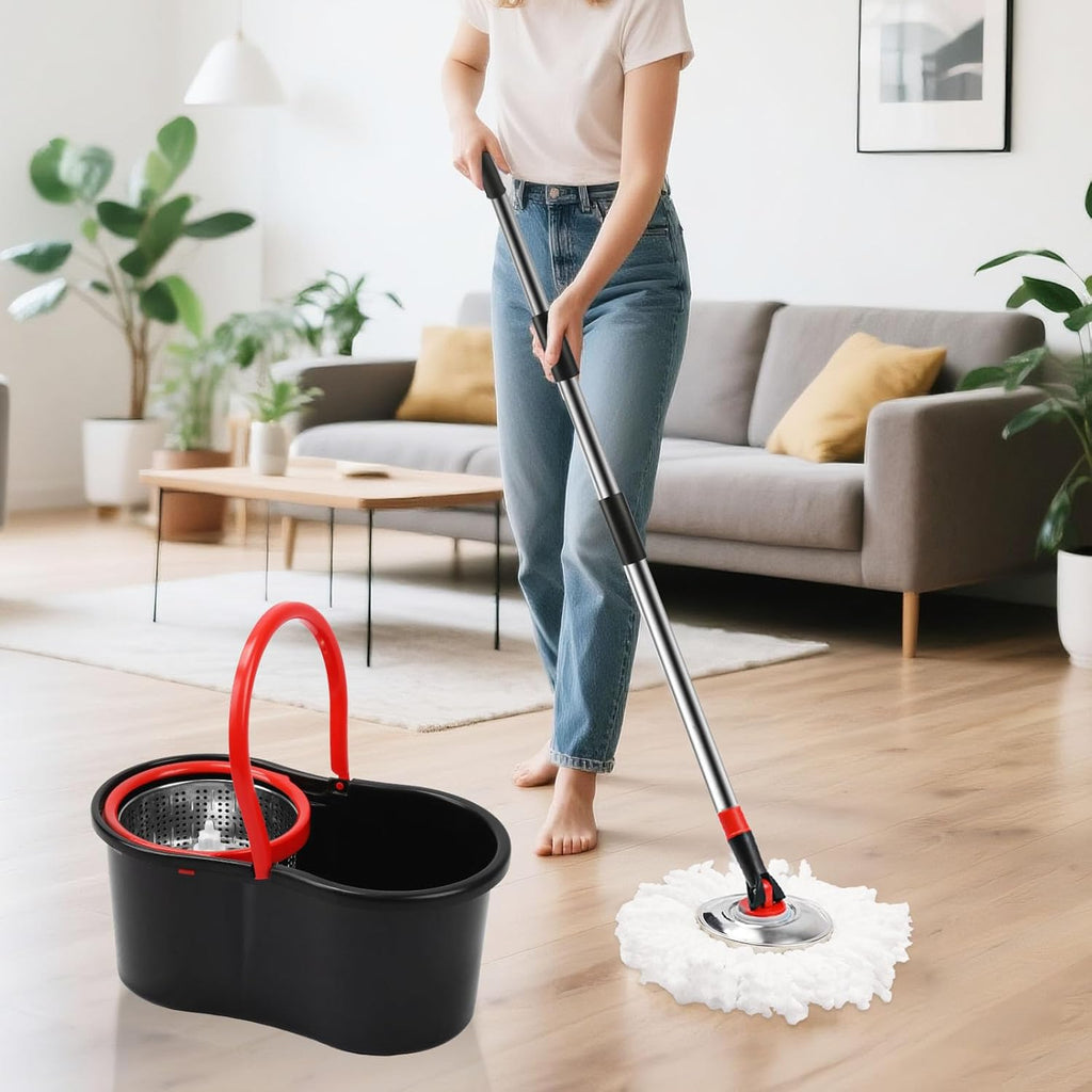Spin Mop and Bucket with Wringer Set,360° Mop and Bucket System with 3 Microfiber Mop Refills and 50" Extended Handle for Floor Cleaning (Black)