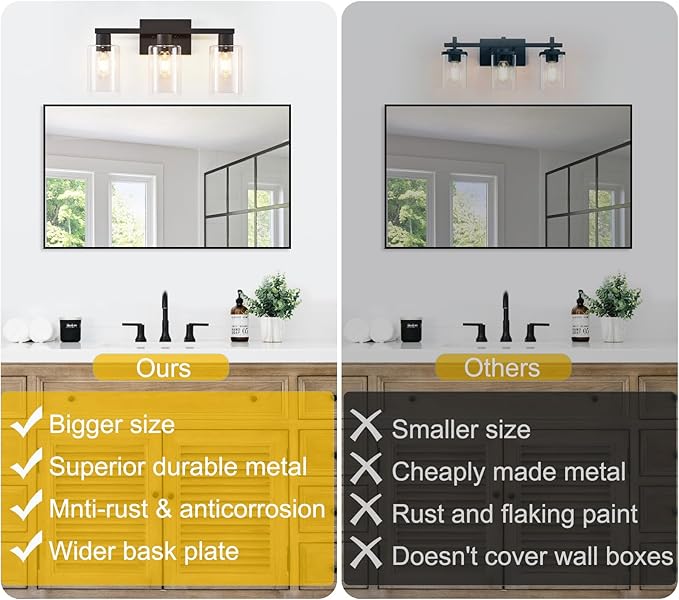 3-Light Bathroom Vanity Light, Black Vanity Lights with Clear Glass Shades, Bathroom Wall Sconce Lamp for Mirror Living Room Bedroom Hallway