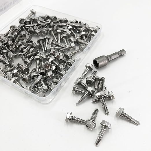 QSJ 110PCS #10 x 3/4'' Sheet Metal Screws 410 Stainless Steel Hex Washer Head Fast Self Tapping Screws with Screwdriver Bit Silver