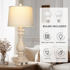 27.5" Farmhouse Table Lamp for Living Room Set of 2,Vintage Bedside Lamps with USB C+A Ports & AC Outlet,3-Way Dimmable Touch Control White Washed Finish Nightstand Lamp for Bedroom,Beige