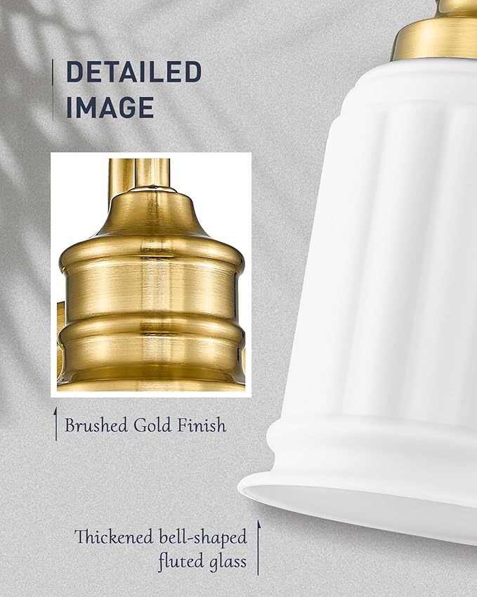 Modern Wall Sconces Set of Two, HWH Brushed Gold Bathroom Vanity Light, Antique Brass Wall Light Fixtures with Frosted White Bell-Shaped Glass, 5HZG106B-2 BG