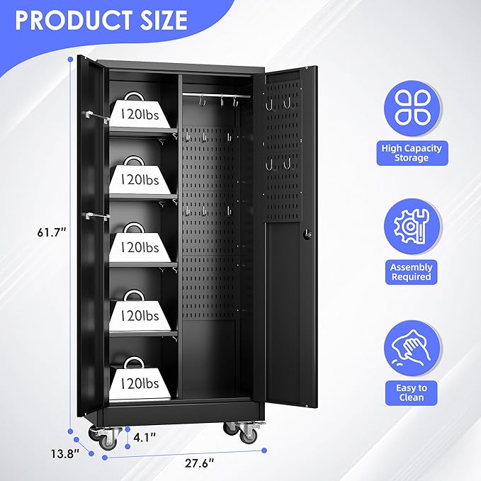 Garage Storage Cabinet with Wheels and 5 Pegboard, Broom Closet Storage Cabinet with Hanging Rod and 13 Hooks, Metal Cabinets with Locking Doors and 4 Shelves, 61.7"H x 27.6"W x 13.8"D,Black