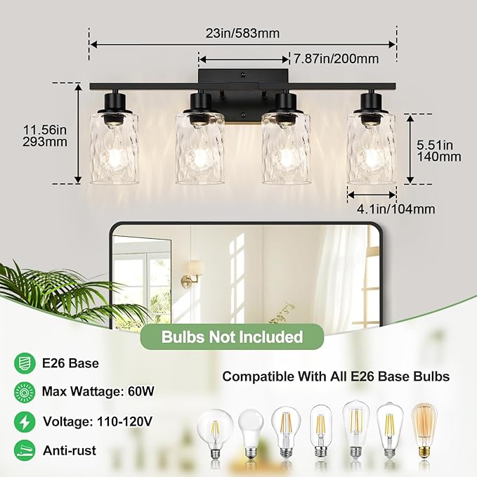 4-Light Bathroom Light Fixtures, Matte Black Vanity Light with Crystal Glass Shades for Mirror, Living Room, Bedroom, or Porch