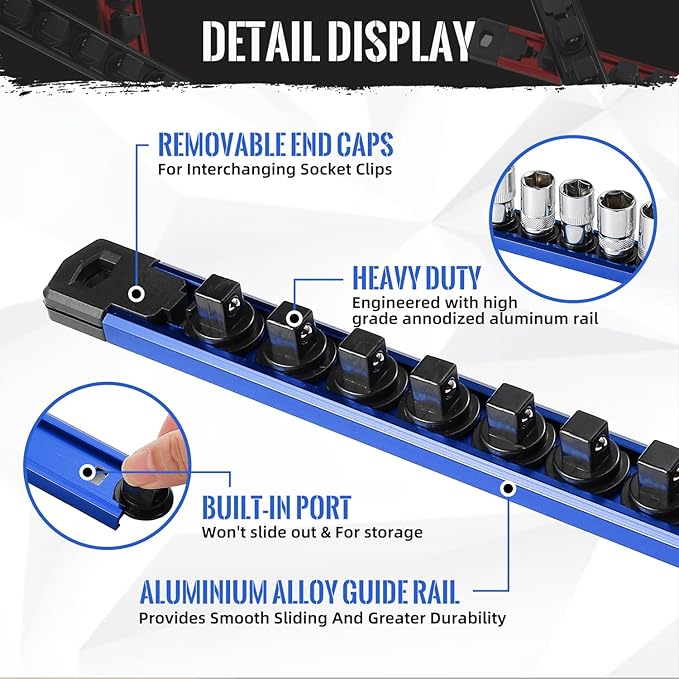 Magnetic Socket Organizer, 1-Piece Heavty Duty Aluminum Socket Holder, Socket Rail for Tool Box, Premium Quality 360° Swivel Rack with 14 Clips for 3/8-Inch(Blue)