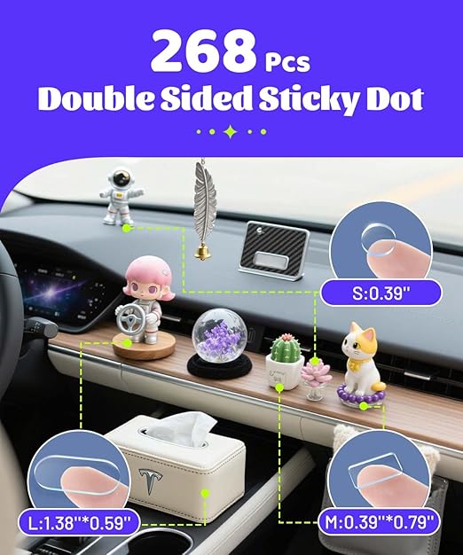 Removable Car Double Sided Glue Sticky Dots, Strong Hold Adhesive Dots for Car Dashboard Decorations, No Residue Transparent Mounting Tape for Auto Accessories 268pcs