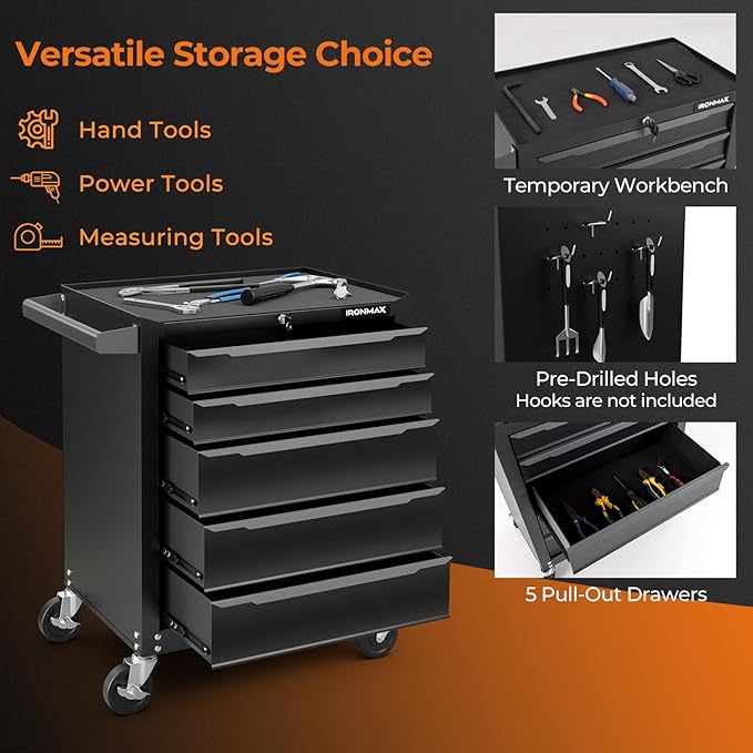 IRONMAX 5-Drawer Tool Chest with Wheels, Rolling Tool Storage Organizer Toolbox with Locking System & Liner, Metal Tool Cabinet for Warehouse, Garage, Workshop, Household