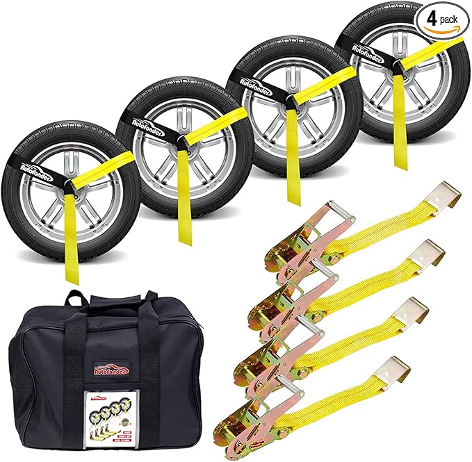 Adjustable Vehicle Tie Down Kit with Flat Hook Heavy Duty-Break Strength 10,000 lbs-Working Load 3333 lbs-2" x 10' Lasso Ratchet Straps for Car, Truck, UTV(Classic Yellow)