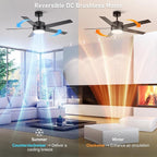 52 Inch Modern Ceiling Fan with Light, 5 Blades, Remote Control, Reversible DC Motor, Stepless Dimmable, Noiseless for Indoor and Use, Black