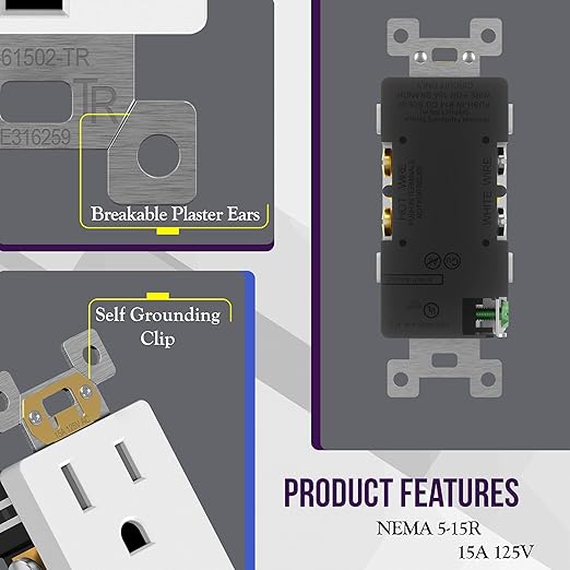 ENERLITES 40 Pack Matte White Decorator Receptacle, Standard Electrical Wall Outlet, 15A 125V, Self-Grounding, 2-Pole, 3-Wire, 5-15R, UL Listed, 61502-TR-MW, Tamper Resistant