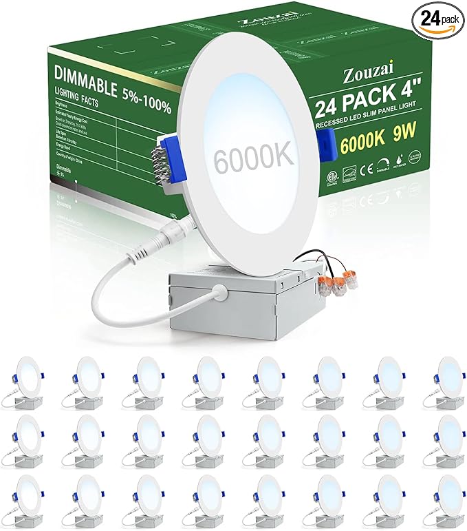 zouzai 24 Pack 4 Inch Ultra-Thin LED Recessed Ceiling Light with Junction Box, 6000K Clear White, 9W 80W Eqv, Dimmable Can-Killer Downlight, 810LM High Brightness - ETL Certified