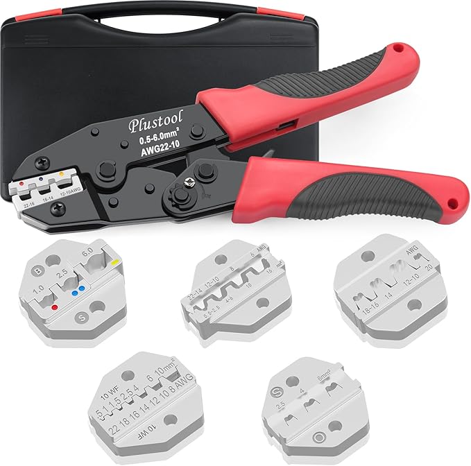 6PCS Crimping Tool Set - Ratcheting Wire Crimper - for Heat Shrink, Insulated Nylon, Non-Insulated, Ferrule Terminal, Open Barrel Terminals & Solar Connectors