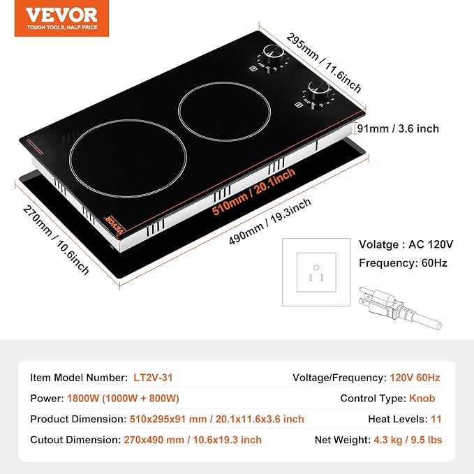 VEVOR Electric Cooktop, Built-in Electric Stove Top, with Glass Panel, Knob Control, 11 Heat Levels, for Diverse Cooking Requirements (12inch-2burners/110V)