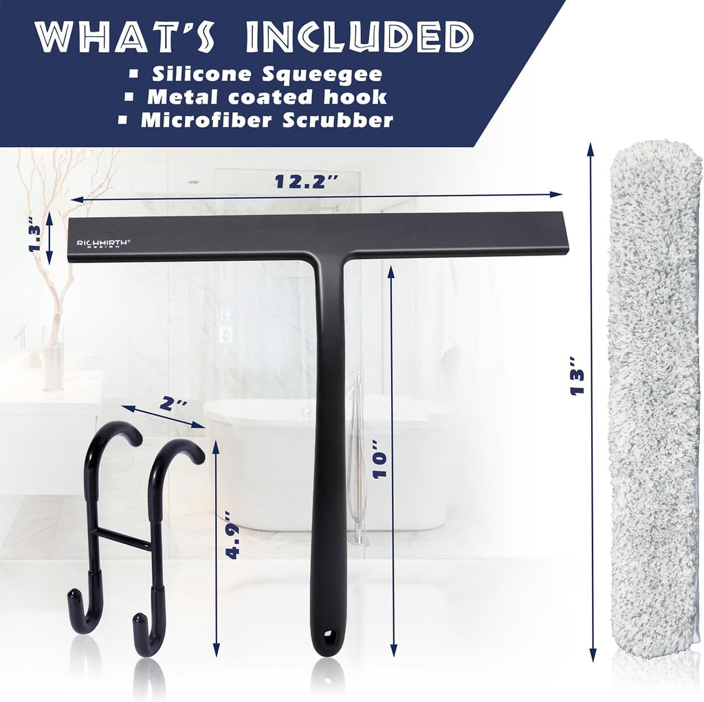 12 Inch Silicone Shower Squeegee for Glass Doors with Hook – Streak-Free Window Cleaner for Bathroom, Mirror, Tile & Car, No Scratch Squeegee with Metal Core (Black)