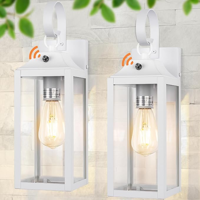 Dusk to Dawn Wall Lights 2 Pack, White Outdoor Light Fixtures, 15 Inch Exterior Wall Sconces Waterproof, Large Outside Lights for House, Modern Wall Lanterns Clear Glass