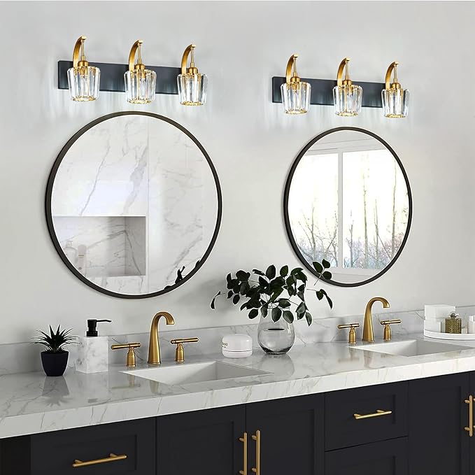 Modern Bathroom Vanity Light, 3-Light Black Gold Wall Sconce with Crystal Accents, Over Mirror Bathroom Lighting Fixture, 23.62" Long Dimmable Vanity Lamp for Makeup, Easy Installation