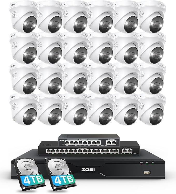 ZOSI 32 Channel 4K PoE Security Camera System, Face Person Vehicle Detection, 2 Way Audio, 24 x 8MP Spotlight Outdoor Indoor IP Cameras, 32CH 4K NVR with 8TB HDD for 24/7 Recording