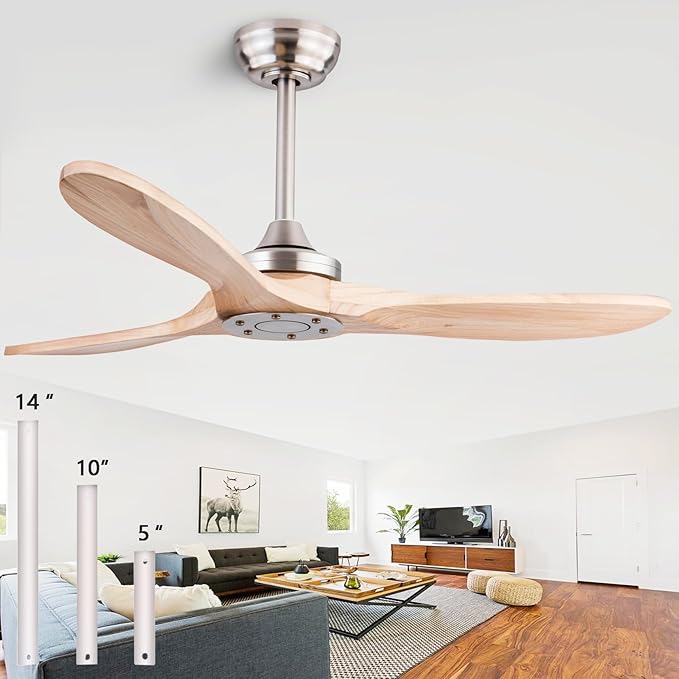 42" Wood Ceiling Fan No Lights with Remote Control，Wooden 3 Blades Ceiling Fans Without Light for Patio,Garage,Living Room,Bedroom,Office,Indoor/Outdoor(Nickel+Raw wood)
