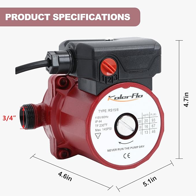 3/4 Inch Hot Water Circulating Pump 3-Speed Circulation Water Pump for Solar Heater System(RS15-6 Red)