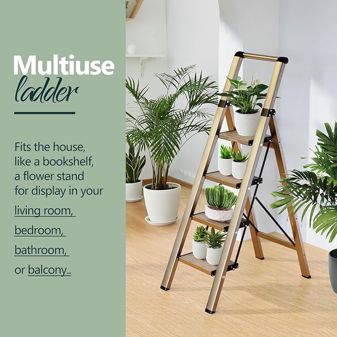 WOA WOA 4 Step Ladder for 10 Feet High Ceiling, Lightweight Foldable Ladder with Non-Slip Wide Pedals, Step Stool with Safe Handrail, Space Saving for Home, Kitchen, Indoor & Outdoor 300lbs - Gold
