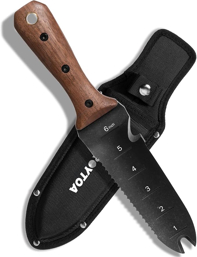 Hori Hori Garden Knife, Garden Tools with Sheath for Weeding,Planting,Digging, 7" Stainless Steel Blade with Cutting Edge, Full-Tang Wood Handle with Hanging Hole