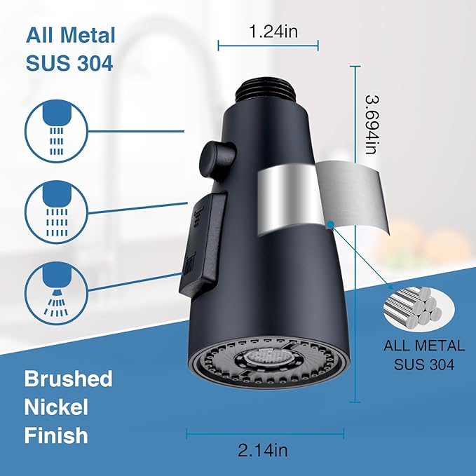 Metal Kitchen Faucet Head Replacement, 3 Functions Kitchen Faucet Head High Pressure, Matte Black Pull Down Kitchen Sink Sprayer Replacement with 9 Adapters Compatible with Most Faucets