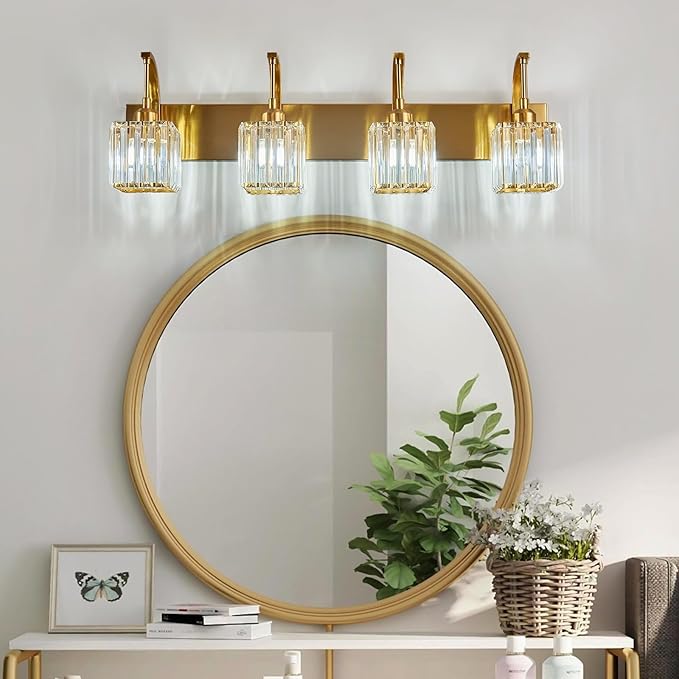 Crystal Vanity Lights 4-Light Gold Bathroom Vanity Lights Modern Crystal Bathroom Light Fixtures Over Mirror 32.67" Long Vanity Light for Bathroom