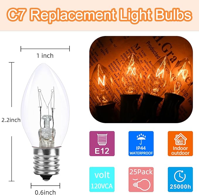 25 Pack C7 Christmas Light Bulbs Nightlight Bulb Vintage Clear Replacement Bulbs for Christmas Village Houses, Xmas Tree, Night Lights, Window Candle & String Light Bulbs Replacement, E12 Base, 5W