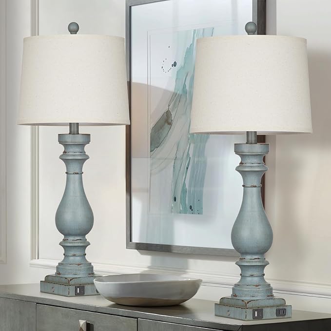 29" Tall Table Lamp for Living Room Set of 2,Coastal Bedside Nightstand Lamps with USB C+A Ports & AC Outlet,3-Way Dimmable Touch Control Retro Blue Desk Lamp for Bedroom,Color 3