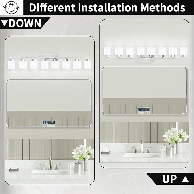 Brushed Nickel Light Fixture Bathroom for Huge Mirror, 8 Light Mirror Lights with Milky White Frosted Glass Shades, 51 inch Bathroom Mirror Lights for Mirrorss, E26 Socket