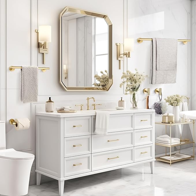 TURS Brushed Gold 10 Pieces Bathroom Hardware Set, SUS304 Stainless Steel 24 Inch Bath Towel Bar Set, Round Bathroom Accessories Kit Wall Mounted