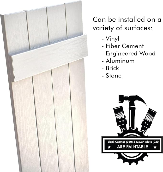 Board & Batten Vinyl Shutters (1 Pair) | 14.5"x71" (4-Board) - Dover White/Paintable | Exterior Window Shutters | Includes Mounting Hardware | Simple Installation | Made in USA