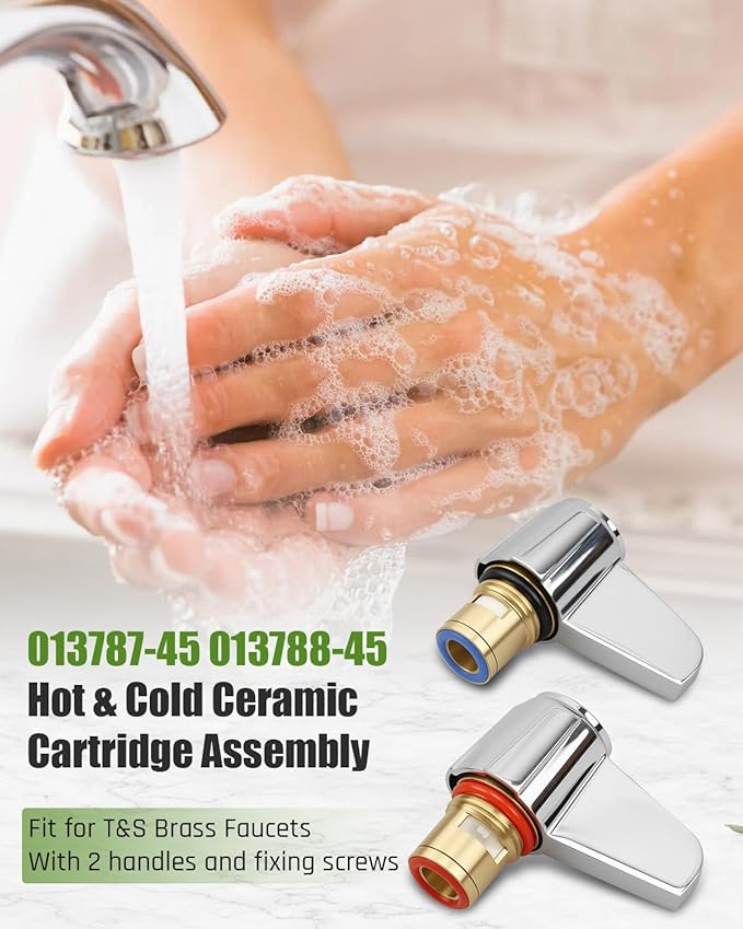 Ceramic Cartridge Assembly Fit for T&S Brass Faucets, Hot & Cold Ceramic Cartridge Assembly with 2 Handles & Fixing Screws Replace 013787-45 013788-45