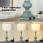 Farmhouse Table Lamps Set of 2, Rustic Touch Control Bedside Lamps with 2 USB Ports & AC Outlet, Vintage Resin 3-Way Dimmable Nightstand Lamp Linen Fabric Shade for Living Room Bedroom Decor Blue