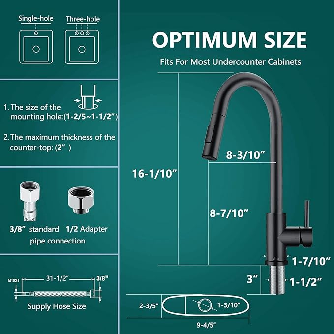 APPASO Kitchen Faucet with Pull Down Matte Black, Single-Handle High Arc Swan-Neck Modern Kitchen Sink Faucet with Optional Deck Plate Stainless Steel
