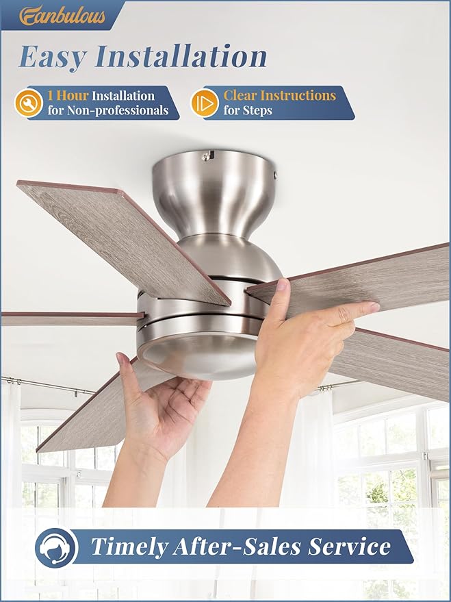 42 Inch Flush Mount Ceiling Fans no Light, Brushed Nickel Modern Ceiling Fans, 6-Speeds, Quiet Reversible DC Motor, Outdoor/Indoor Ceiling Fan for Patios, Living Room, Bedroom