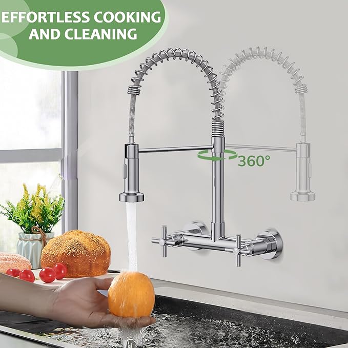 Wall Mount Faucet, Hurran Kitchen Faucet, 8 Inch Utility Sink Faucet with 2 Functions Sprayer, Commercial Kitchen Sink Faucet Dual Handles for Laundry Room Restaurant Compartment Sink (Chrome)