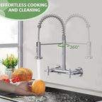 Wall Mount Faucet, Hurran Kitchen Faucet, 8 Inch Utility Sink Faucet with 2 Functions Sprayer, Commercial Kitchen Sink Faucet Dual Handles for Laundry Room Restaurant Compartment Sink (Chrome)