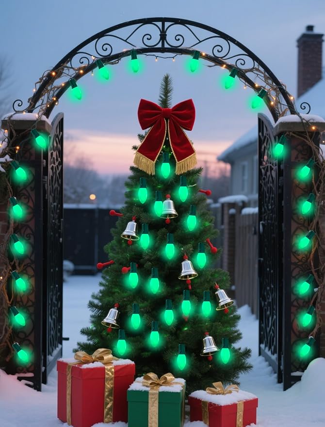 C9 Green Christmas Light Bulbs, 25 Pack C9 Incandescent Replacement Bulbs for Christmas String Light, Candle Lamps, E17 Intermediate Base, 7Watt Night Lights Bulbs