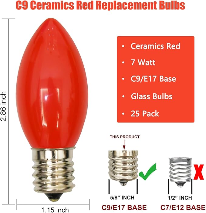 SUNSGNE 25 Pack C9 Red Christmas Light Bulbs, 7 Watt Red Incandescent Christmas Replacement Light Bulbs, E17 Intermediate Base