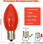 SUNSGNE 25 Pack C9 Red Christmas Light Bulbs, 7 Watt Red Incandescent Christmas Replacement Light Bulbs, E17 Intermediate Base