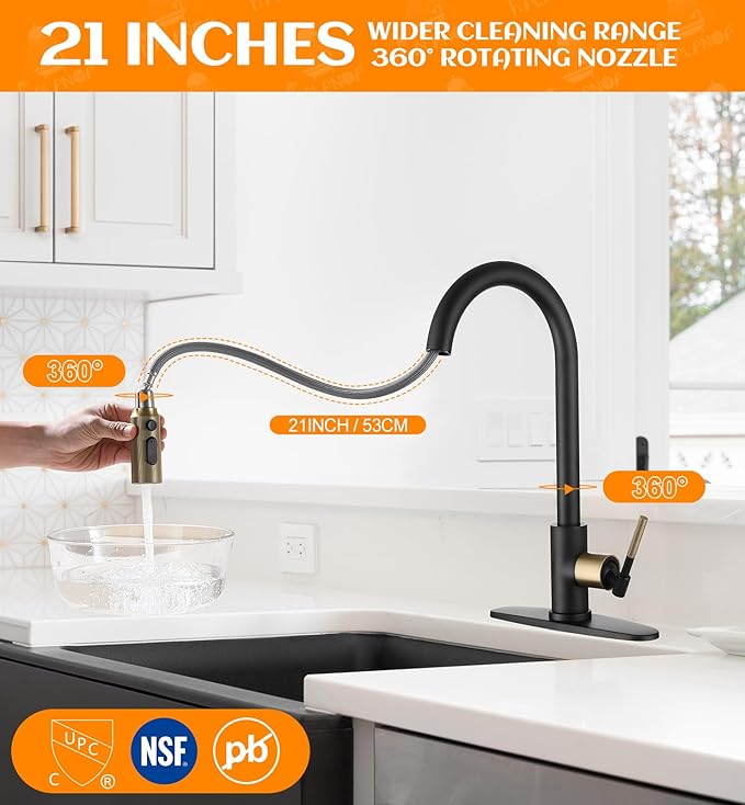 Black and Gold Kitchen Faucet- High Arc Single Handle Stainless Steel Sink Faucet with Pull Down Sprayer- 3 Spray Mode, 1.8 GPM High Flow fit for 1/3 Hole with 10" Deck Plate