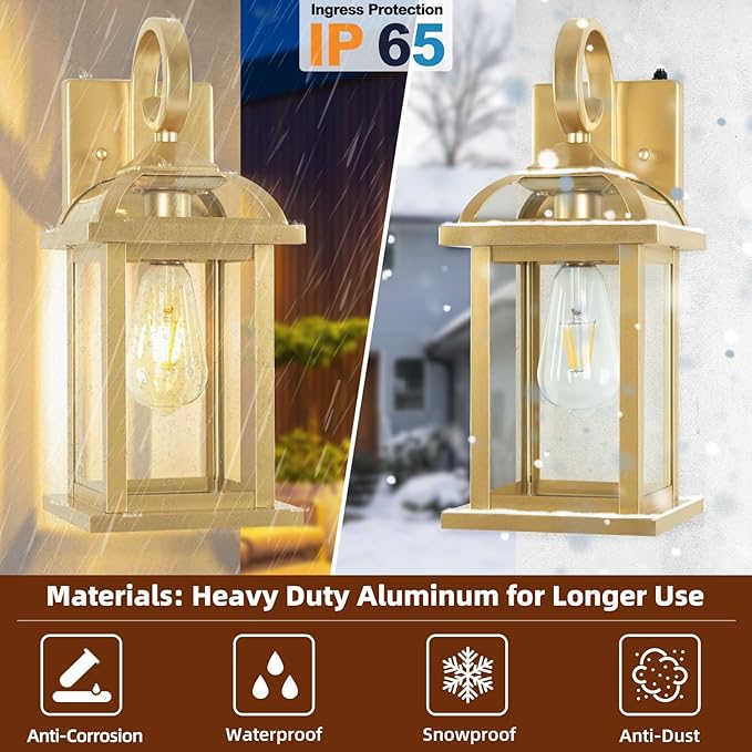 Dusk to Dawn Gold Porch Light 2-Pack 15 Inch, Aluminum Anti-Rust Large Outdoor Wall Lanterns with IP65 Waterproof Clear Glass Brass Outdoor Lights for House Photocell Patio Carriage Lights