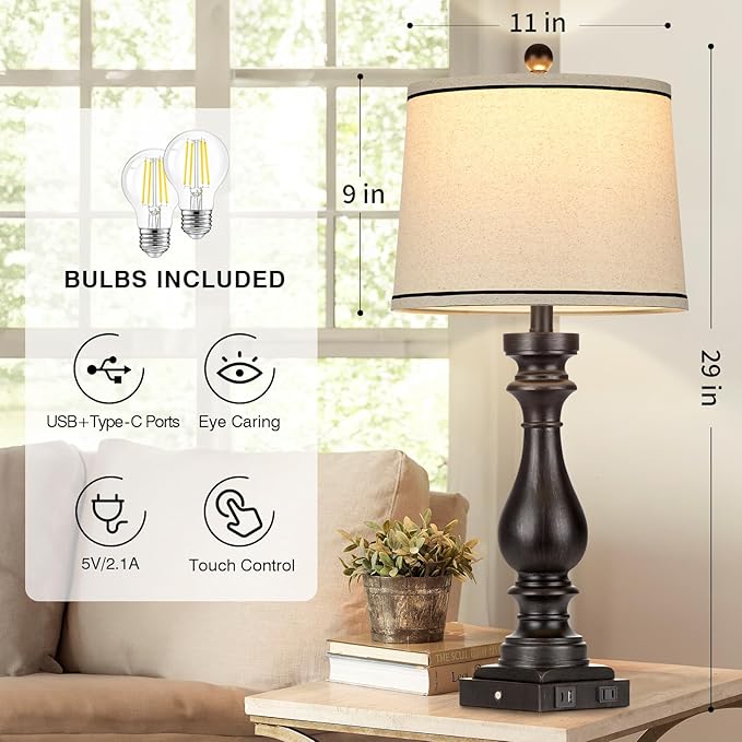 29" Tall Table Lamp for Living Room Set of 2,Farmhouse Vintage Bedside Nightstand Lamps with USB C+A Ports & AC Outlet,3-Way Dimmable Touch Control Retro Black Lamp for Bedroom,Color 5