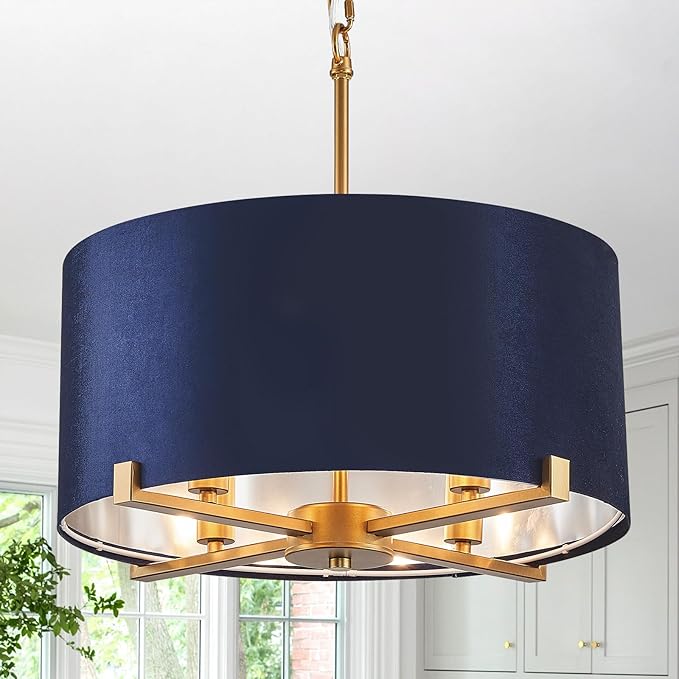 Drum Chandelier,18” Blue and Gold Round Ceiling Pendant Light Fixture Velvet Fabric Shade 4 Lights Modern Semi Flush Mount Hanging Chandelier for Dining Room Foyer Hallway