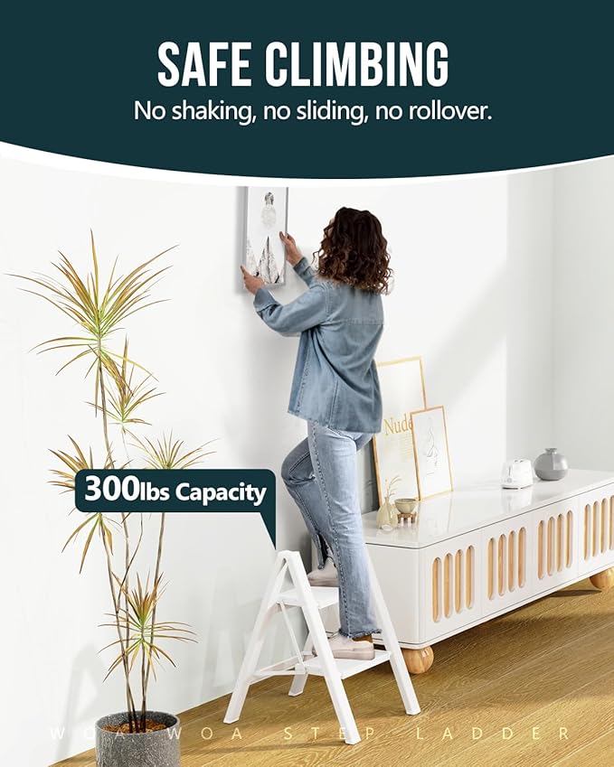 WOA WOA Step Ladder, Widen Pedals Foldable Step Stool, Lightweight Aluminum Ladder, Easy to Move Around, Anti-Slip Foot Stepladder for Household, Fold Thin & Space Save, 300 lbs Load (2 Step, White)