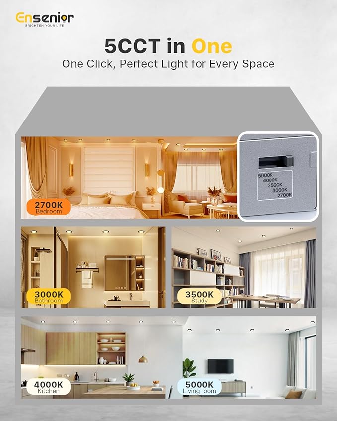 Ensenior 12 Pack 4 Inch LED Recessed Ceiling Light Black, Dimmable, 2700K-5000K 5CCT, 750LM 9W 120V, High Brightness Canless Wafer Downlight - ETL&FCC&IC