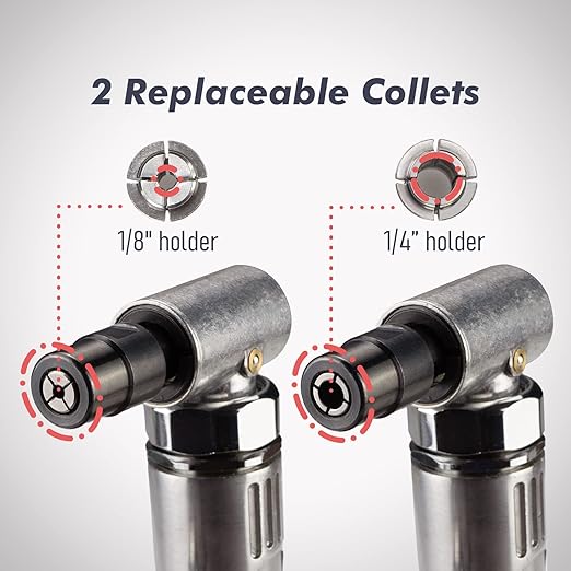 Air Angle Die Grinder, 0.25 hp and 21,000 RPM Motor, Lightwight Aluminum Body, Safety Lock, With 1/4" 1/8" Collets, Pneumatic Power Tool For Grinding and Polishing on Metalwork Woodwork