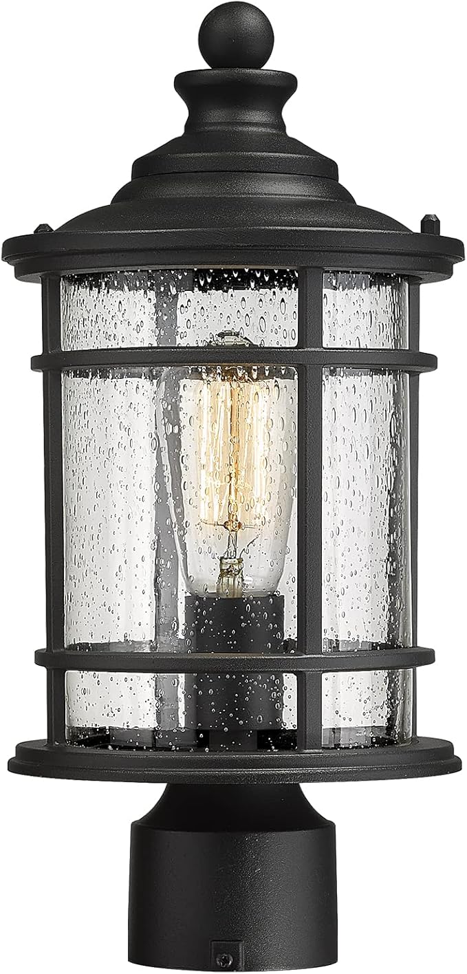 Emliviar Outdoor Post Light Fixtures, 15 Inch Farmhouse Modern Lamp Post Lighting for Outside, Black Finish with Seeded Glass, XE229P BK